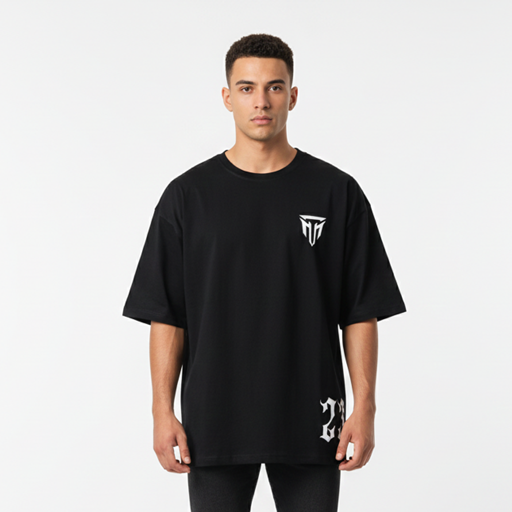 MT drop shoulder gym black tee for men and women, front view
