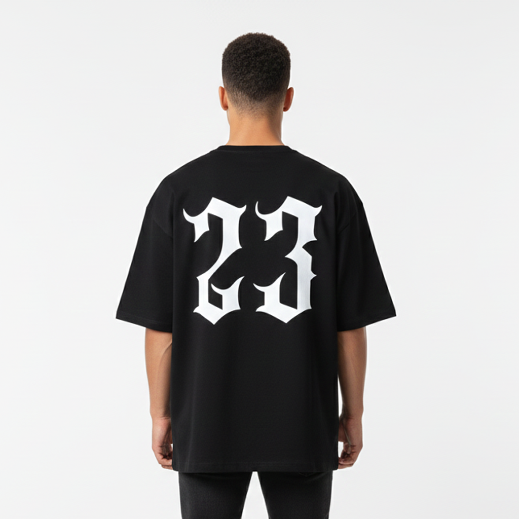 MT drop shoulder gym black tee, back view