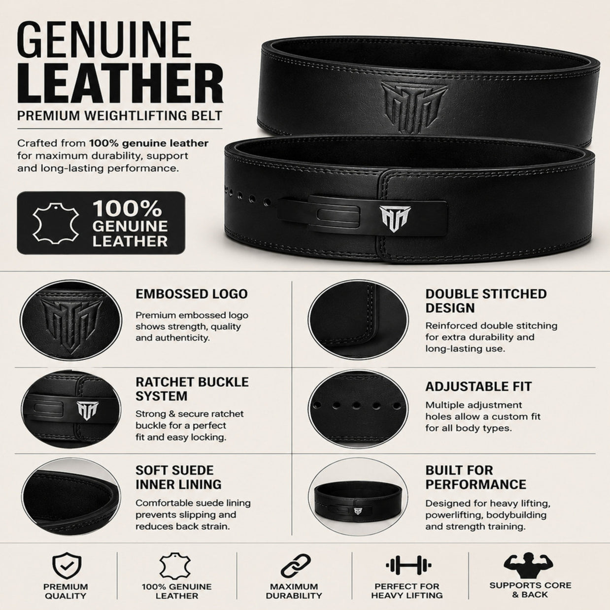 MT 13mm Genuine Leather Lever Belt | Powerlifting & Weightlifting Gym Belt for Men & Women