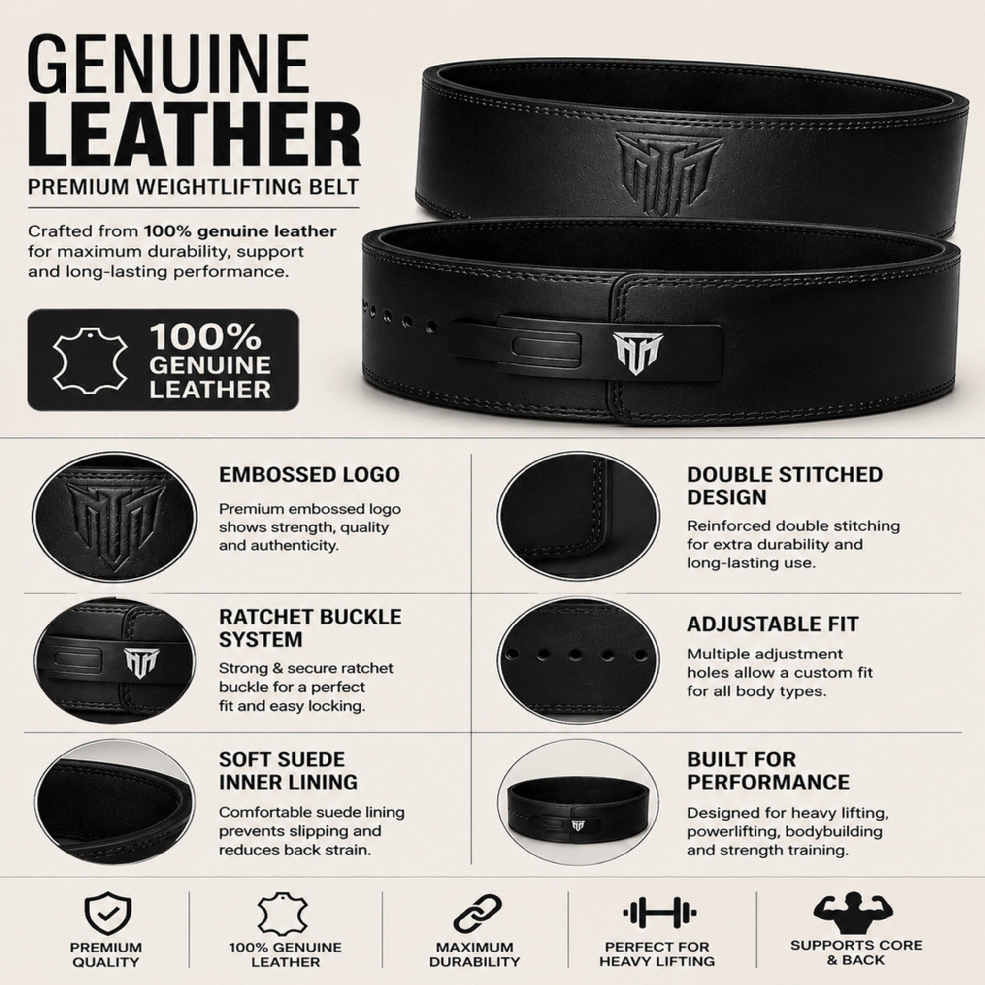 MT 13mm Genuine Leather Lever Belt | Powerlifting & Weightlifting Gym Belt for Men & Women