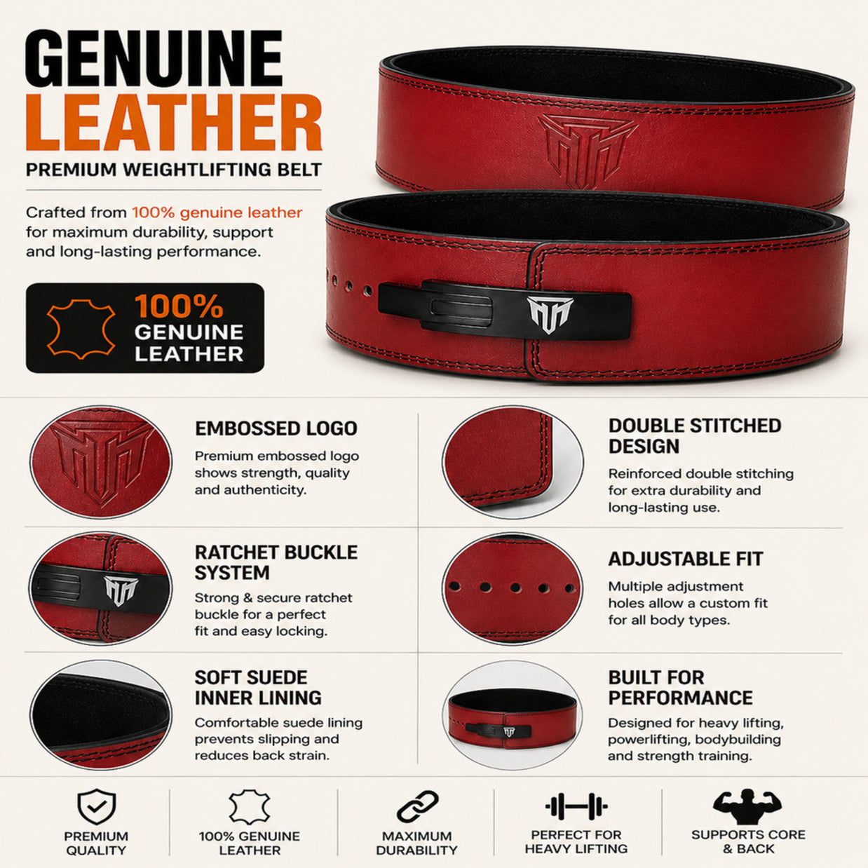 MT 13mm Genuine Leather Lever Belt | Powerlifting & Weightlifting Gym Belt for Men & Women