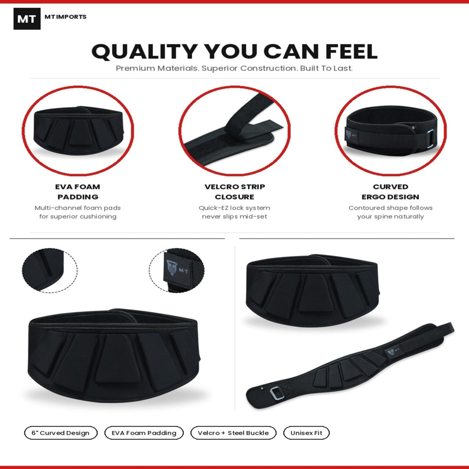 MT 6 inch Curved Weightlifting Belt - Padded Wide Back Support Gym Belt