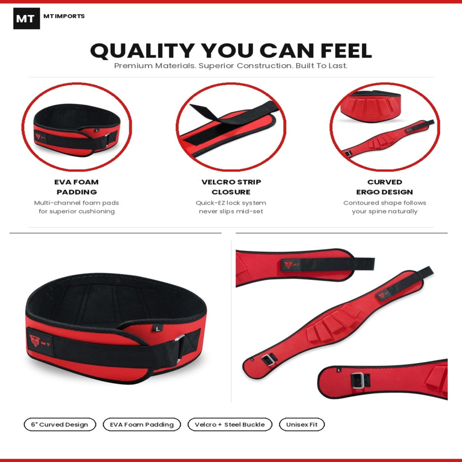 MT 6 inch Curved Weightlifting Belt - Padded Wide Back Support Gym Belt