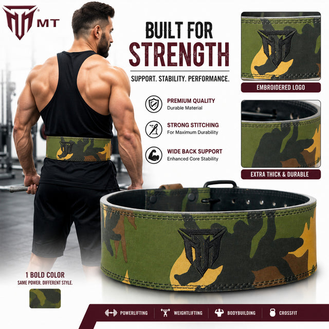 MT 10mm Powerlifting Leather Belt | Carbon Fiber Padded Back Support for Squats, Deadlifts & Gym