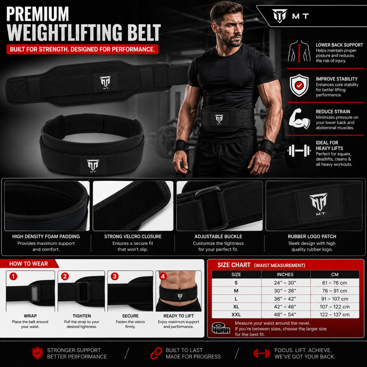MT weightlifting padding belt in black, infographic detail