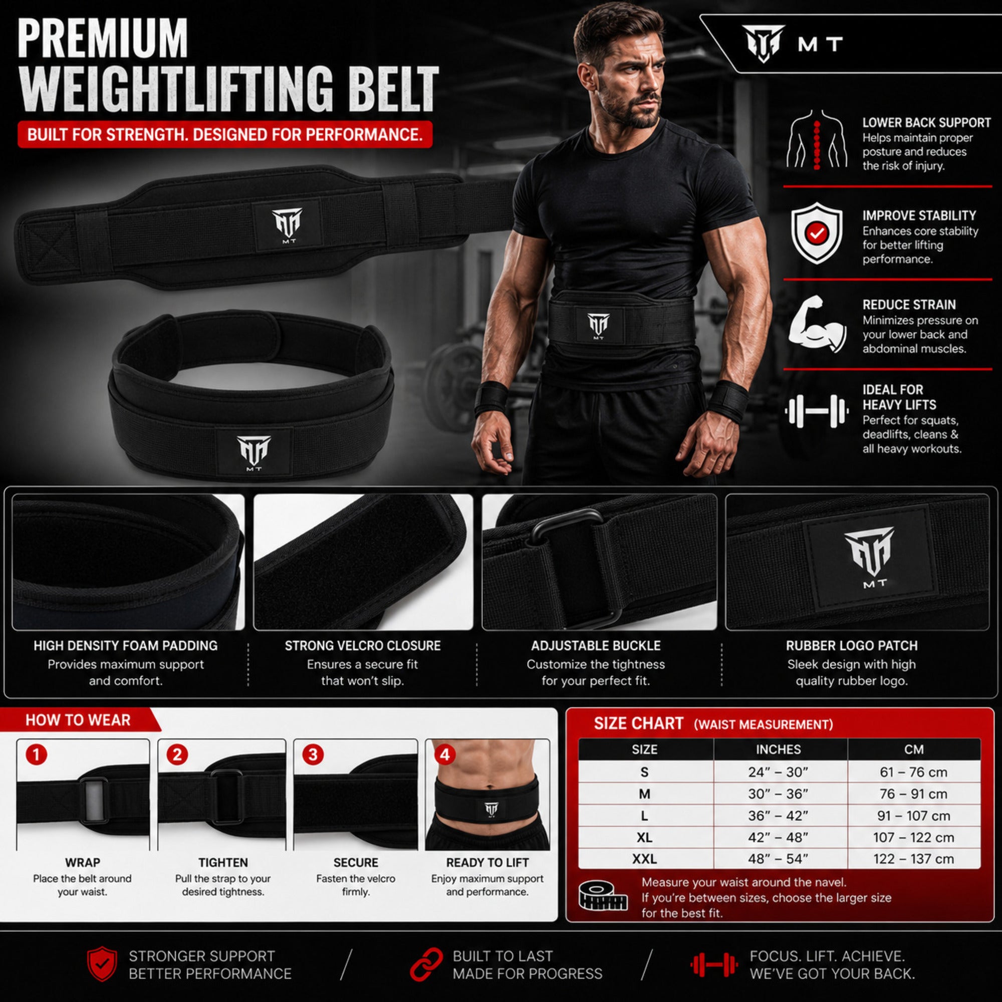 MT weightlifting padding belt in black, infographic detail