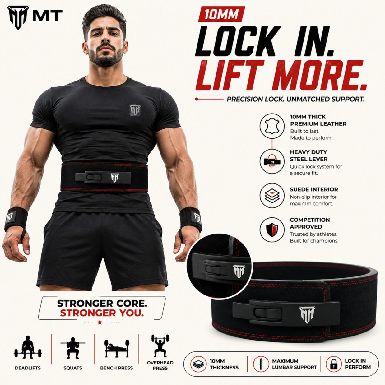 MT 10mm Genuine Leather Lever Belt | Premium Powerlifting & Weightlifting Gym Belt for Men & Women