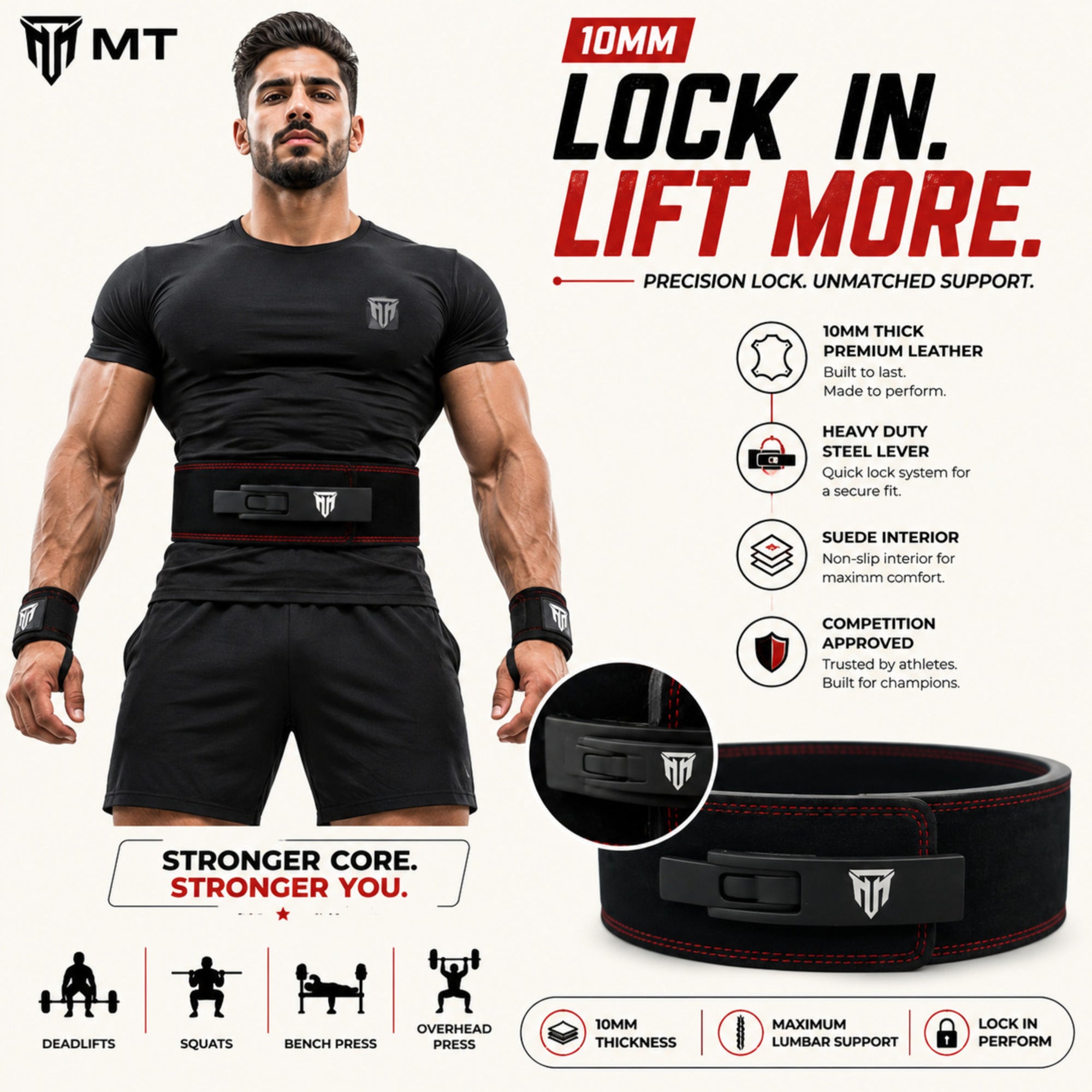 MT 10mm Genuine Leather Lever Belt | Premium Powerlifting & Weightlifting Gym Belt for Men & Women