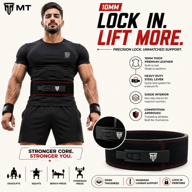 MT 10mm Genuine Leather Lever Belt | Premium Powerlifting & Weightlifting Gym Belt for Men & Women
