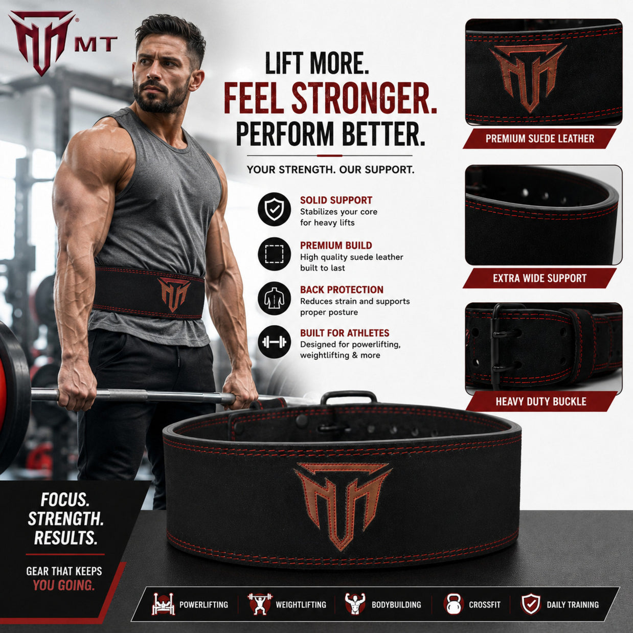 MT 10mm Powerlifting Leather Belt | Carbon Fiber Padded Back Support for Squats, Deadlifts & Gym