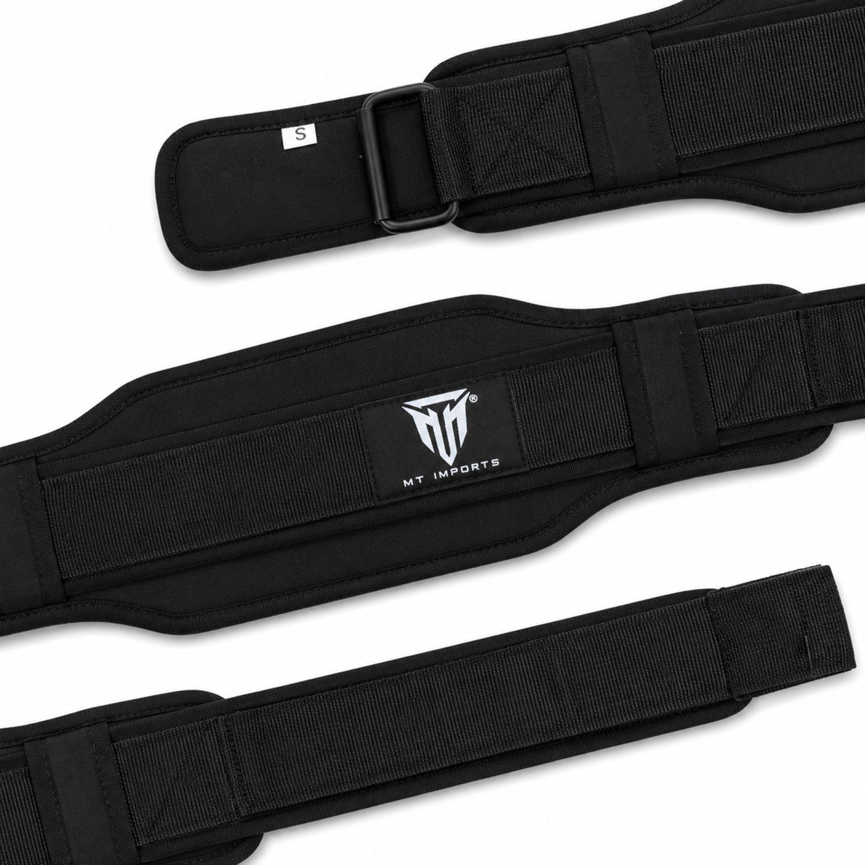 MT weightlifting padding belt in black, angle view 3