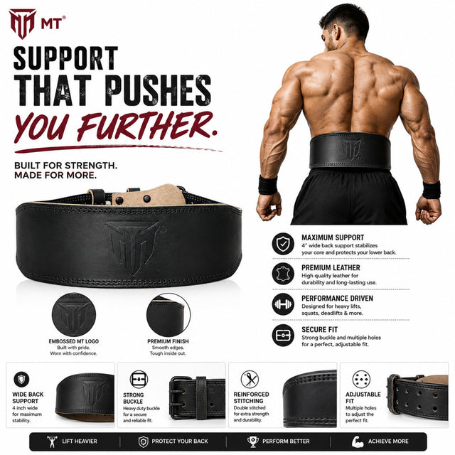 MT 4" Leather Weight Lifting Belt | Premium Back Support for Squats, Deadlifts & Powerlifting