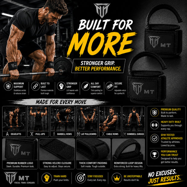 MT Pro weightlifting strap in black, infographic detail
