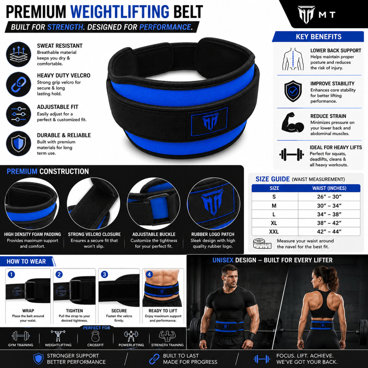 MT weightlifting padding belt in blue, infographic detail