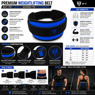 MT weightlifting padding belt in blue, infographic detail