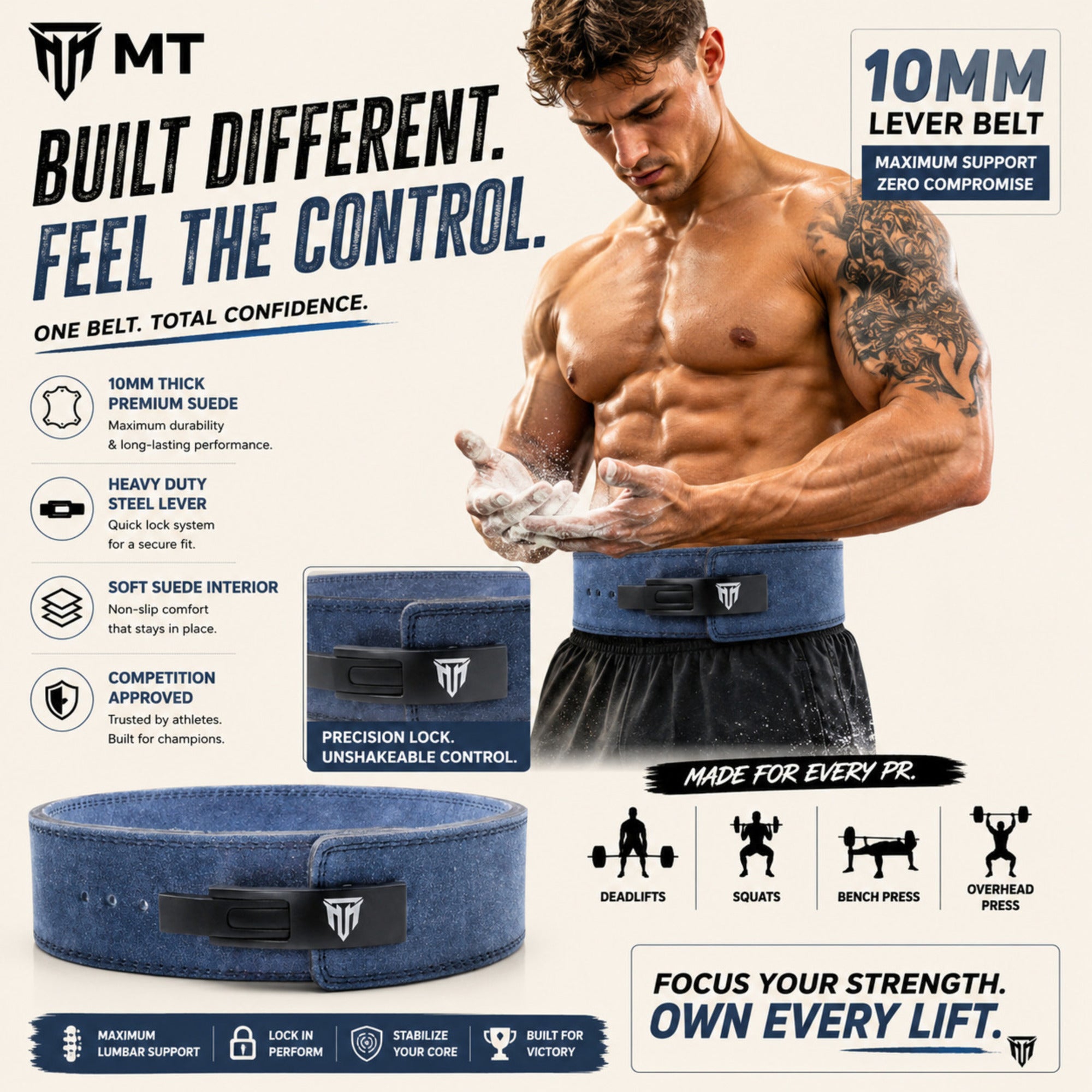 MT 10mm Genuine Leather Lever Belt | Premium Powerlifting & Weightlifting Gym Belt for Men & Women