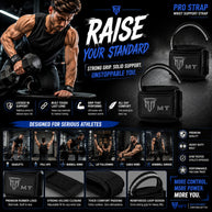MT Pro weightlifting strap in blue, infographic detail