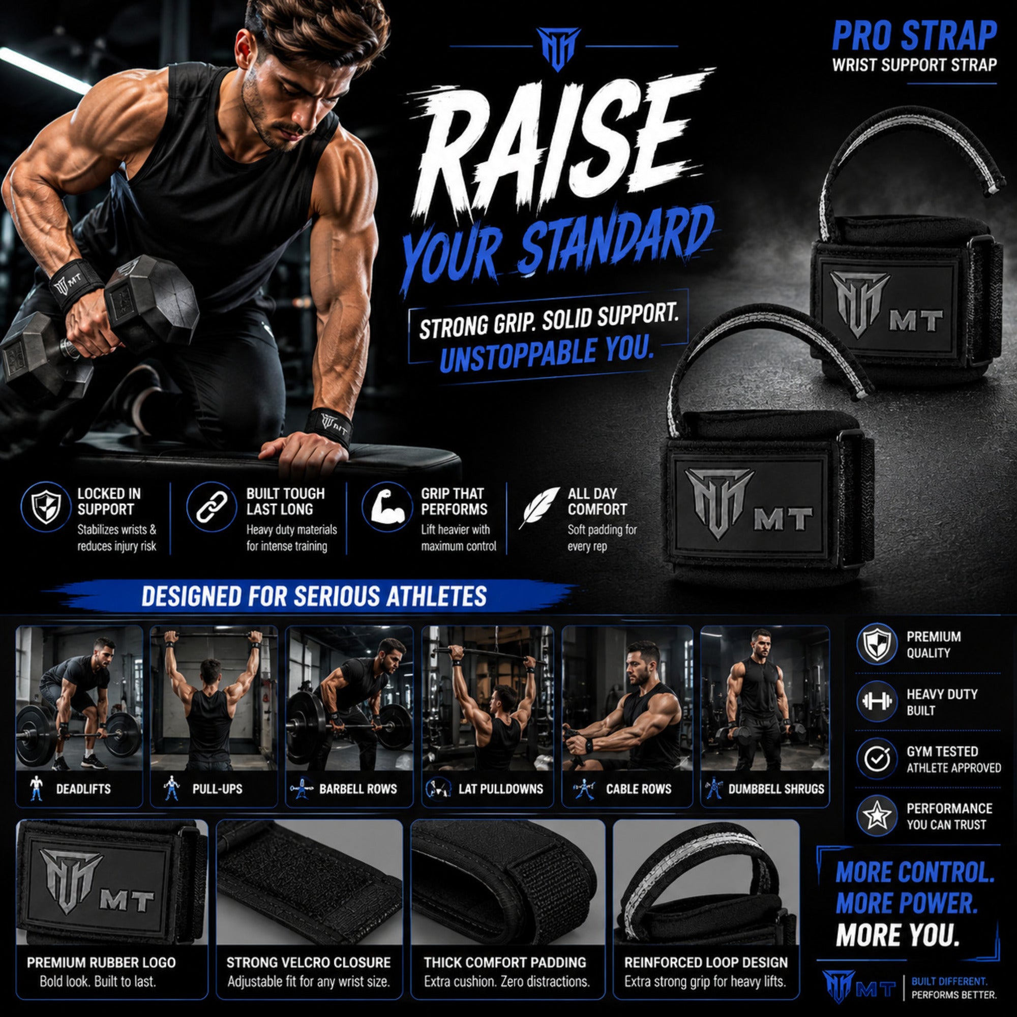 MT Pro weightlifting strap in blue, infographic detail