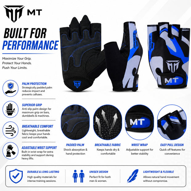 MT weight lifting gloves in blue, infographic detail