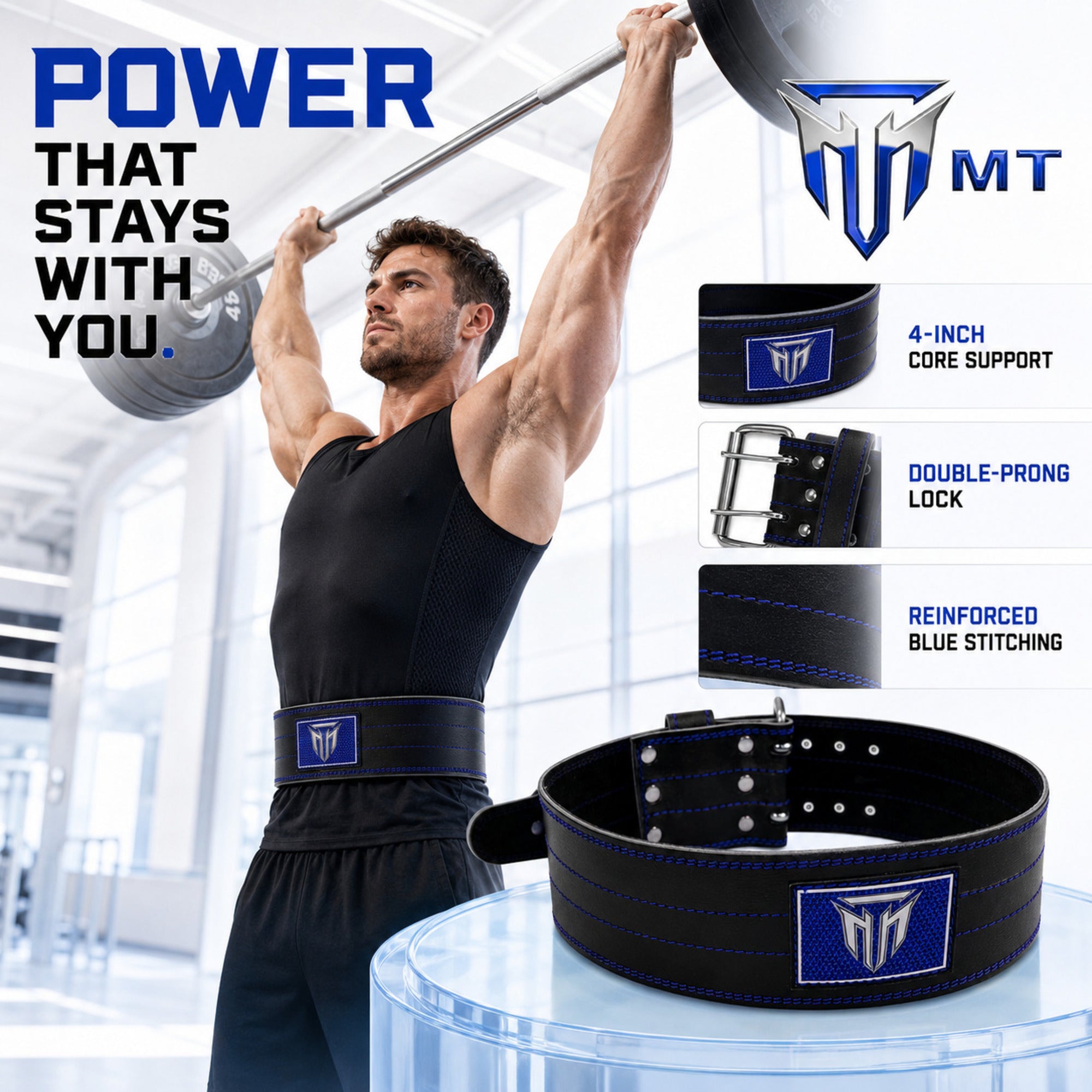 MT Pro Powerlifter Belt | Premium Leather Back Support for Weightlifting, Squats & Deadlifts
