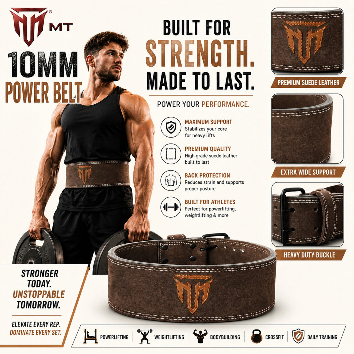 MT 10mm Powerlifting Leather Belt | Carbon Fiber Padded Back Support for Squats, Deadlifts & Gym