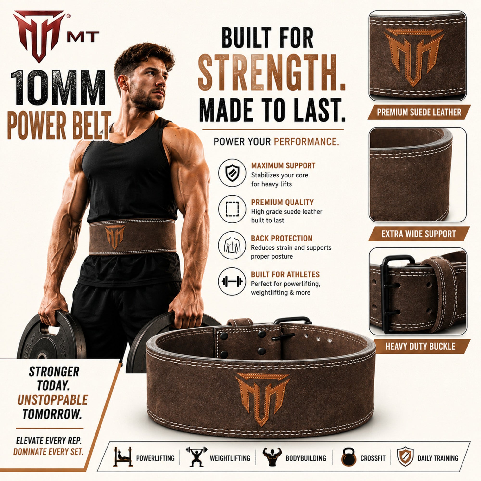 MT 10mm Powerlifting Leather Belt | Carbon Fiber Padded Back Support for Squats, Deadlifts & Gym
