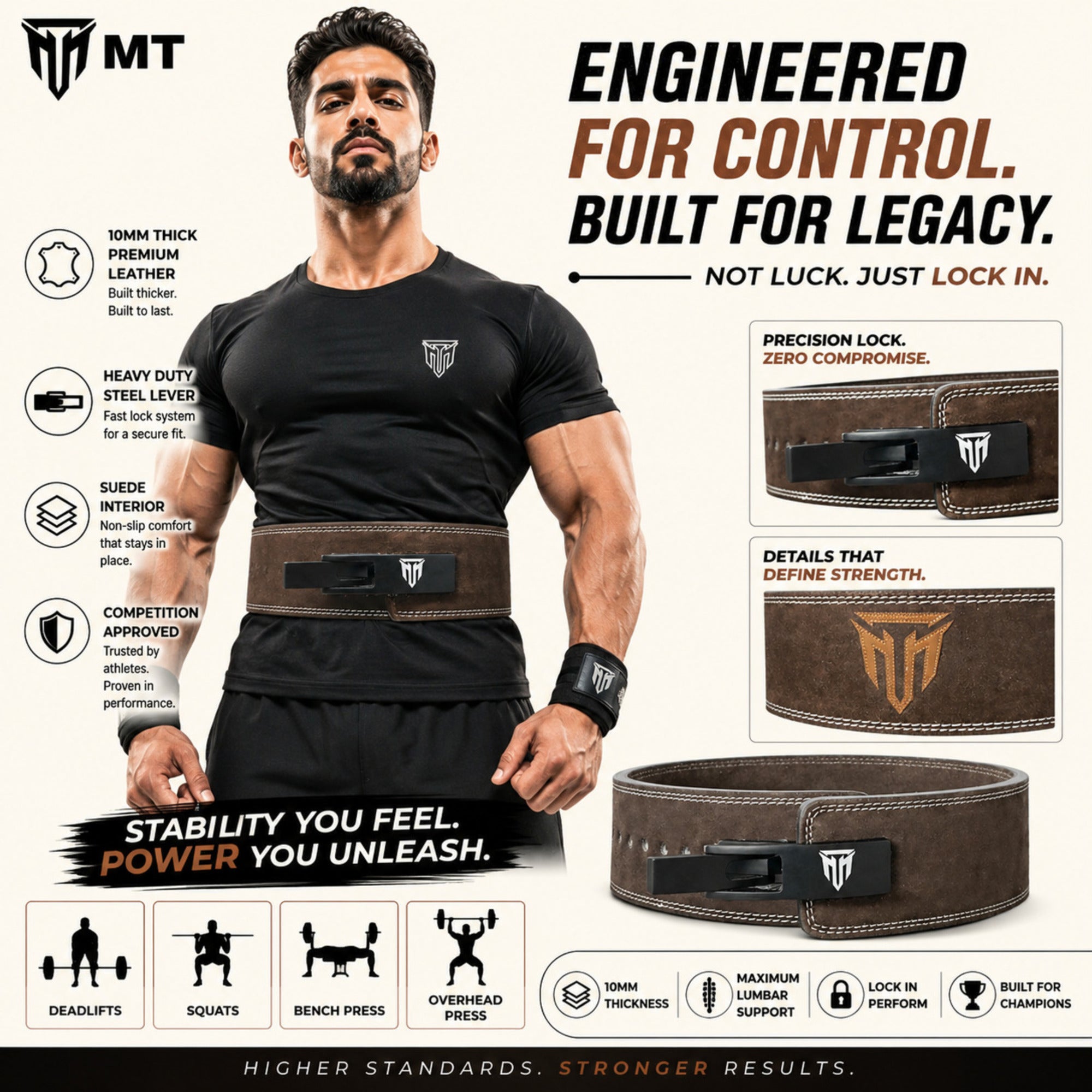 MT 10mm Genuine Leather Lever Belt | Premium Powerlifting & Weightlifting Gym Belt for Men & Women