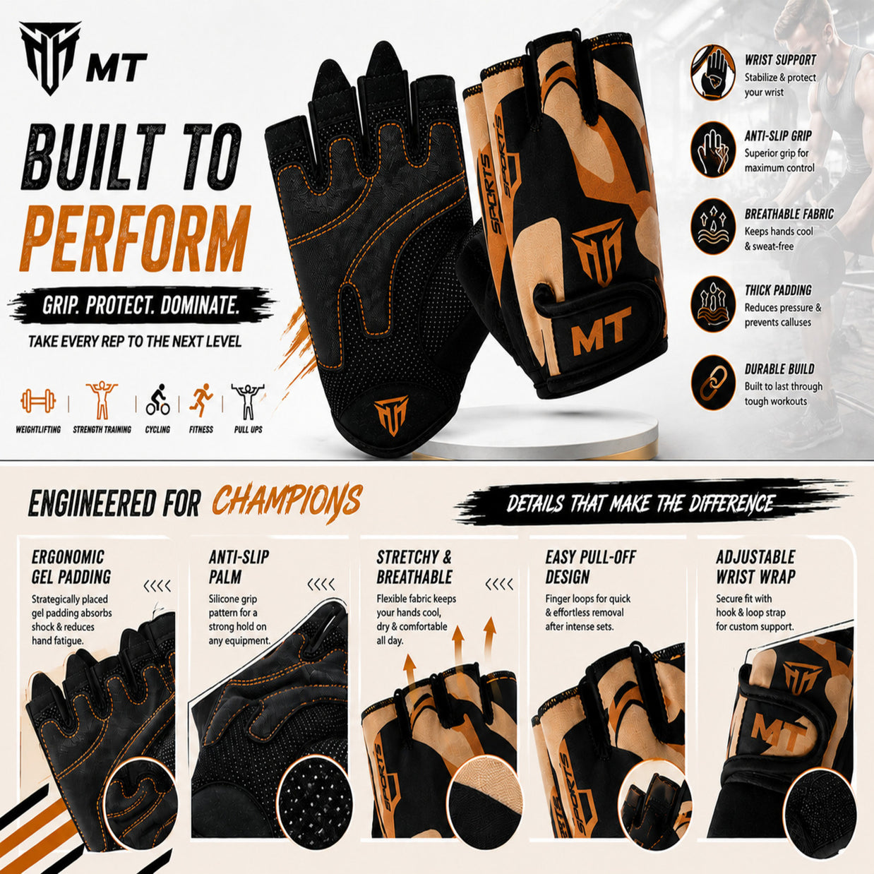 MT Weight Lifting Gloves | Unisex Bodybuilding & Fitness Workout Gloves for Men & Women S–2XL