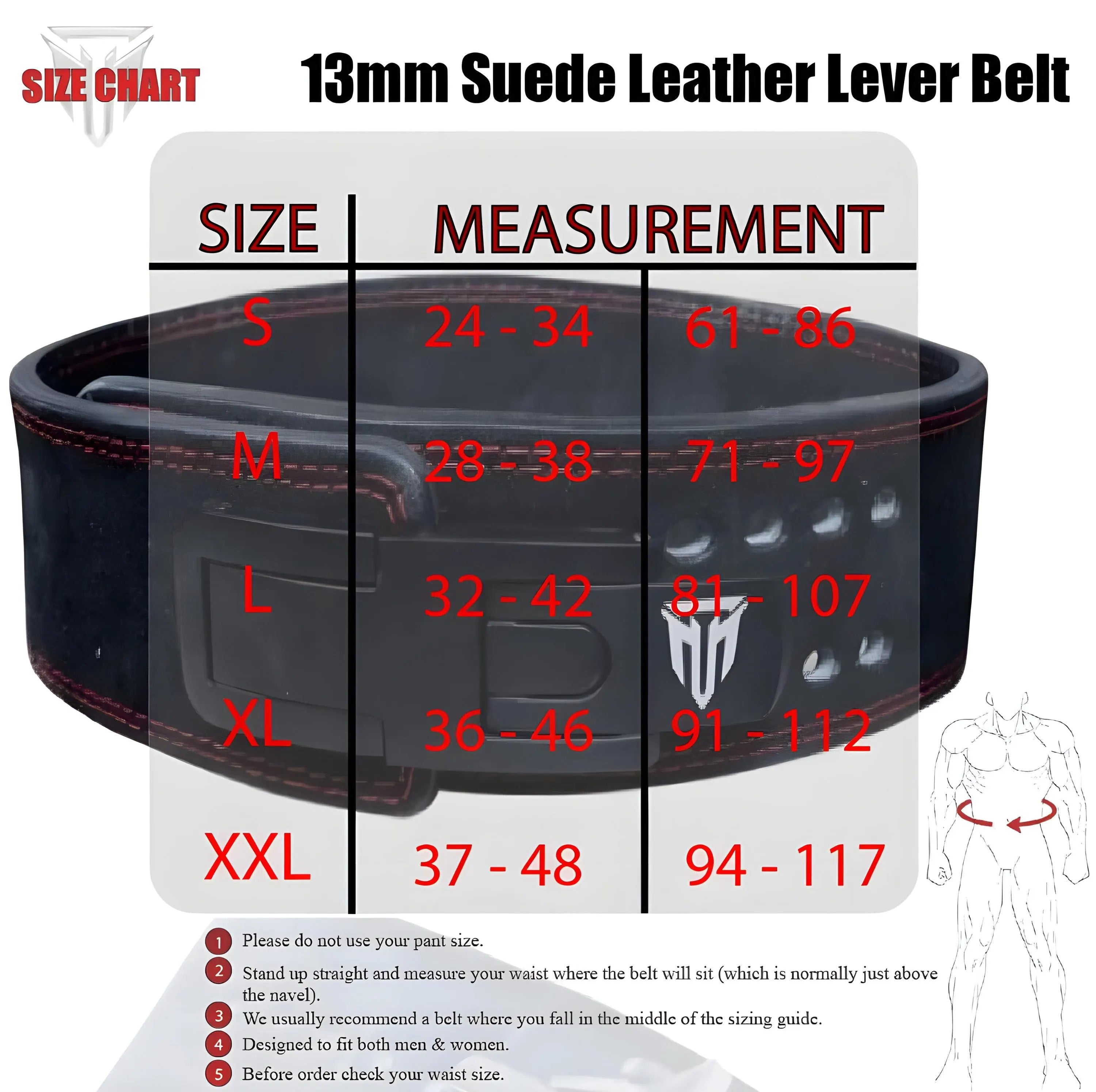 MT 13mm Genuine Suede Leather Lever Weight Lifting Belt Powerlifting Fitness Gym Belt