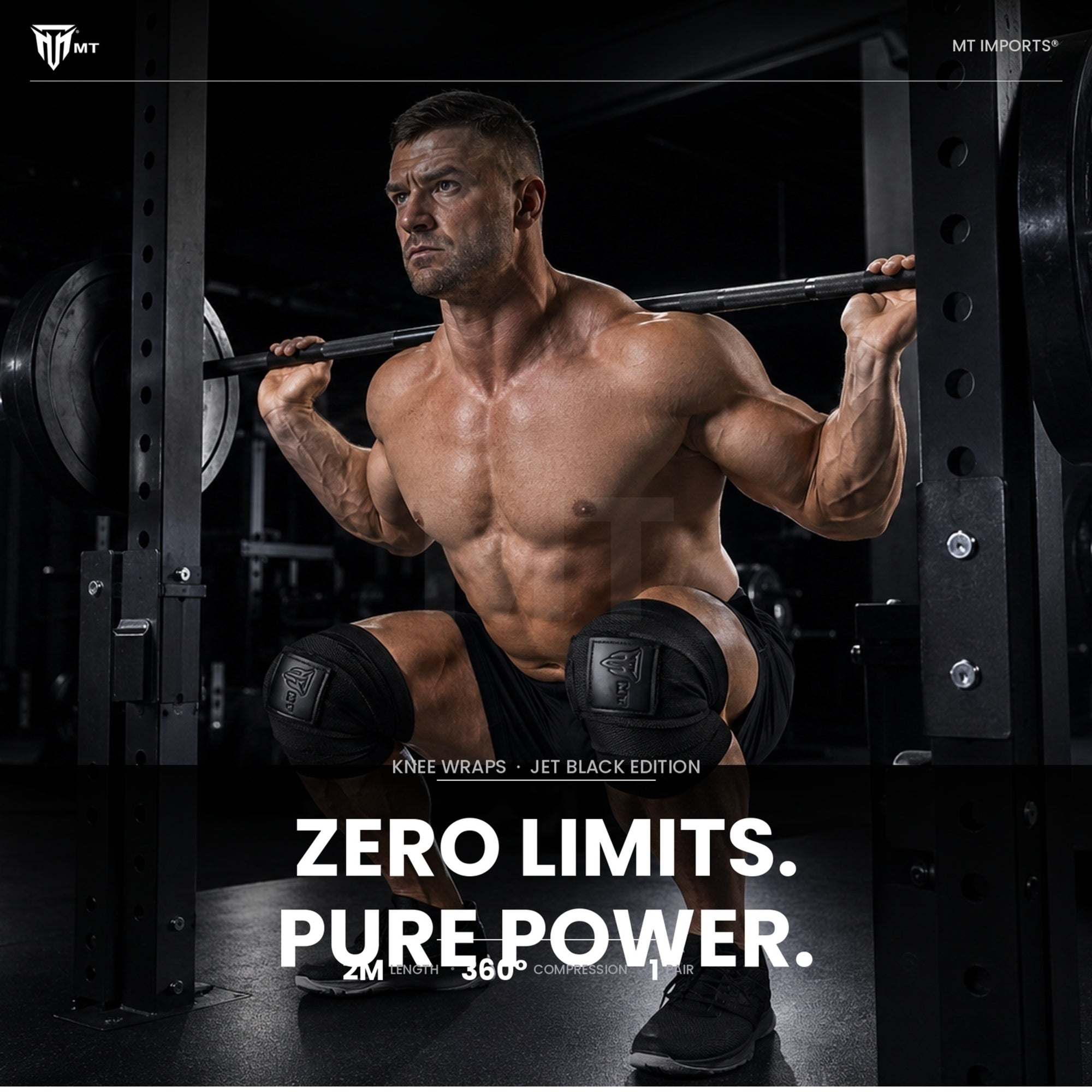 MT weight lifting knee wraps in black, magazine style photo