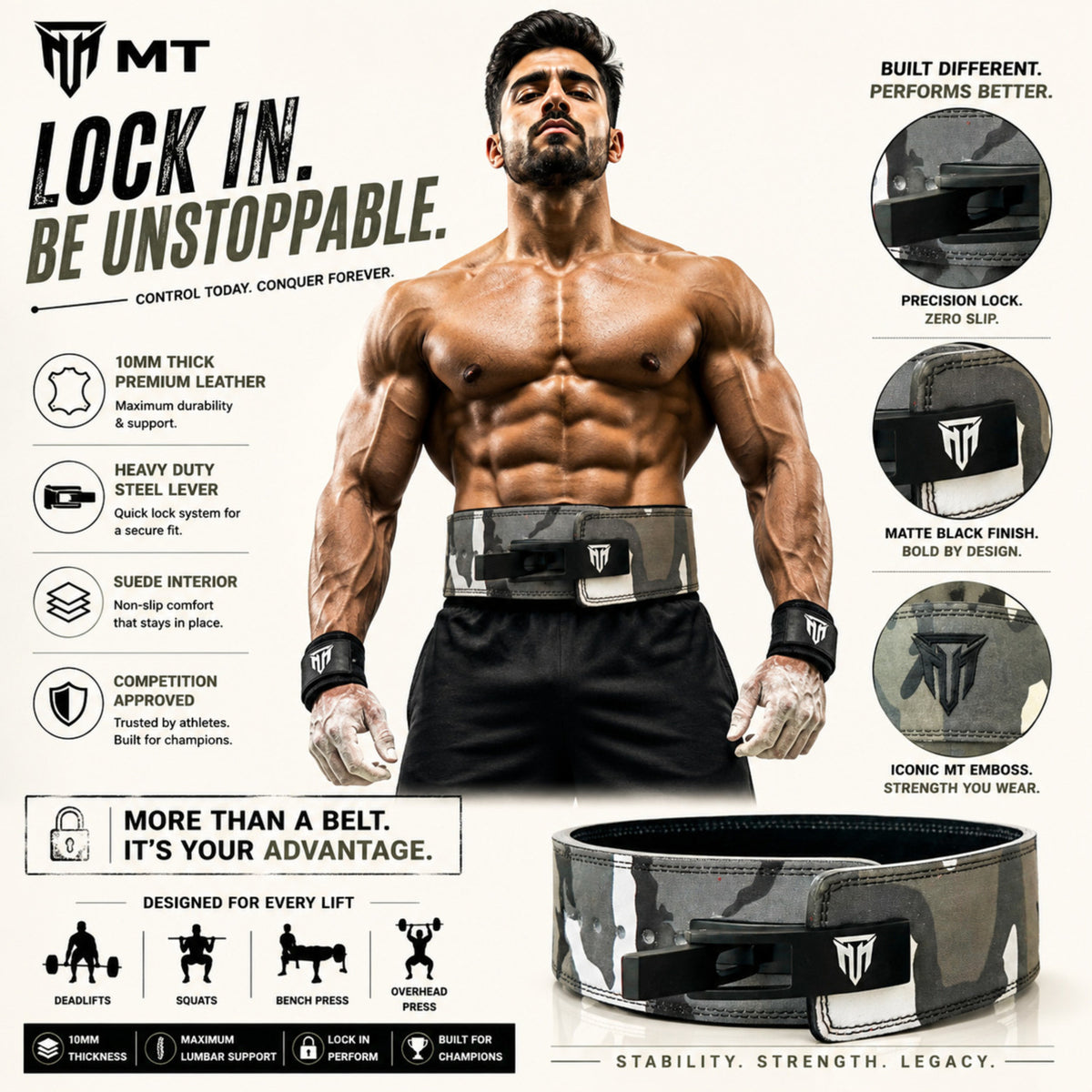 MT 10mm Genuine Leather Lever Belt | Premium Powerlifting & Weightlifting Gym Belt for Men & Women