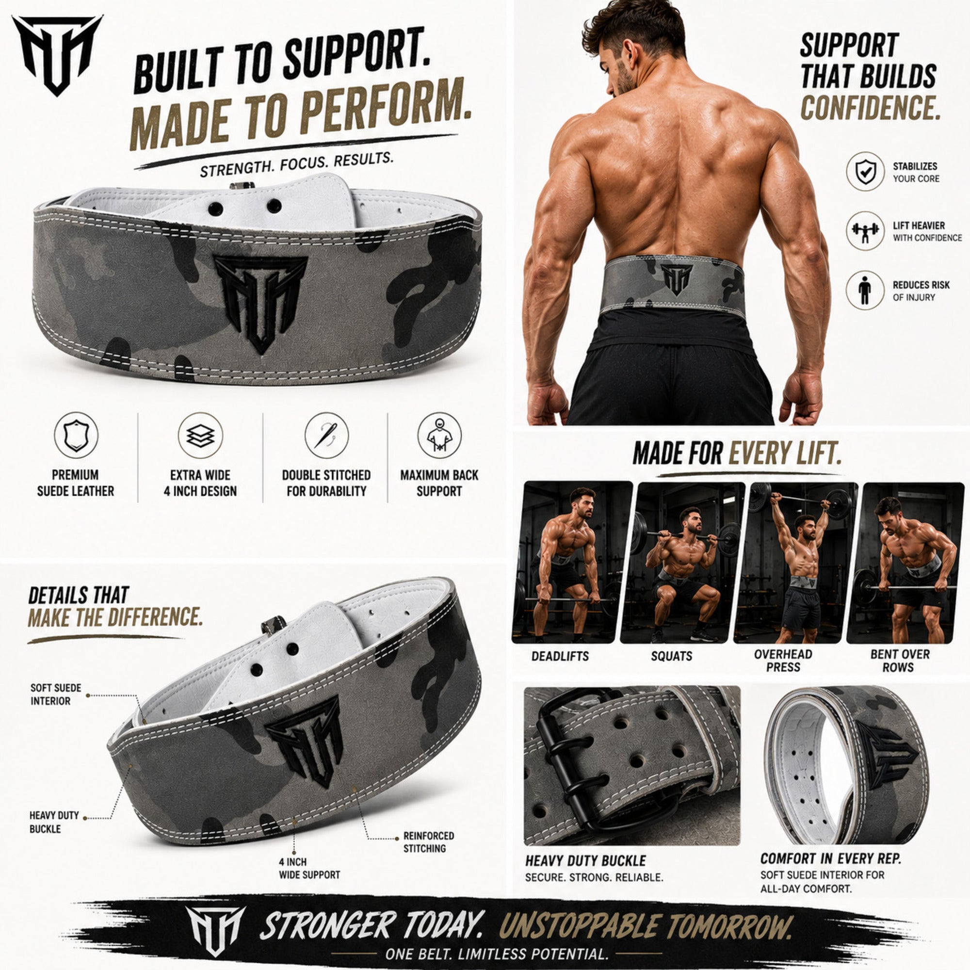 MT 4 Inch Weight Lifting Belt | Leather Back Support Belt for Gym, Powerlifting & Bodybuilding