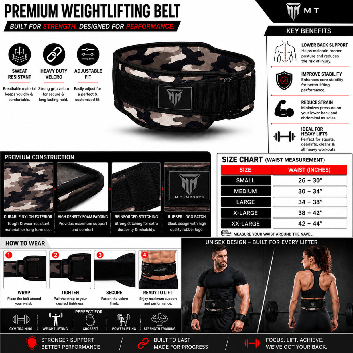 MT weightlifting padding belt in camo, infographic detail