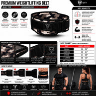 MT weightlifting padding belt in camo, infographic detail