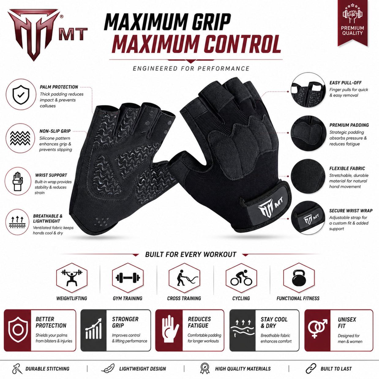 MT leather gym gloves, detail view 3