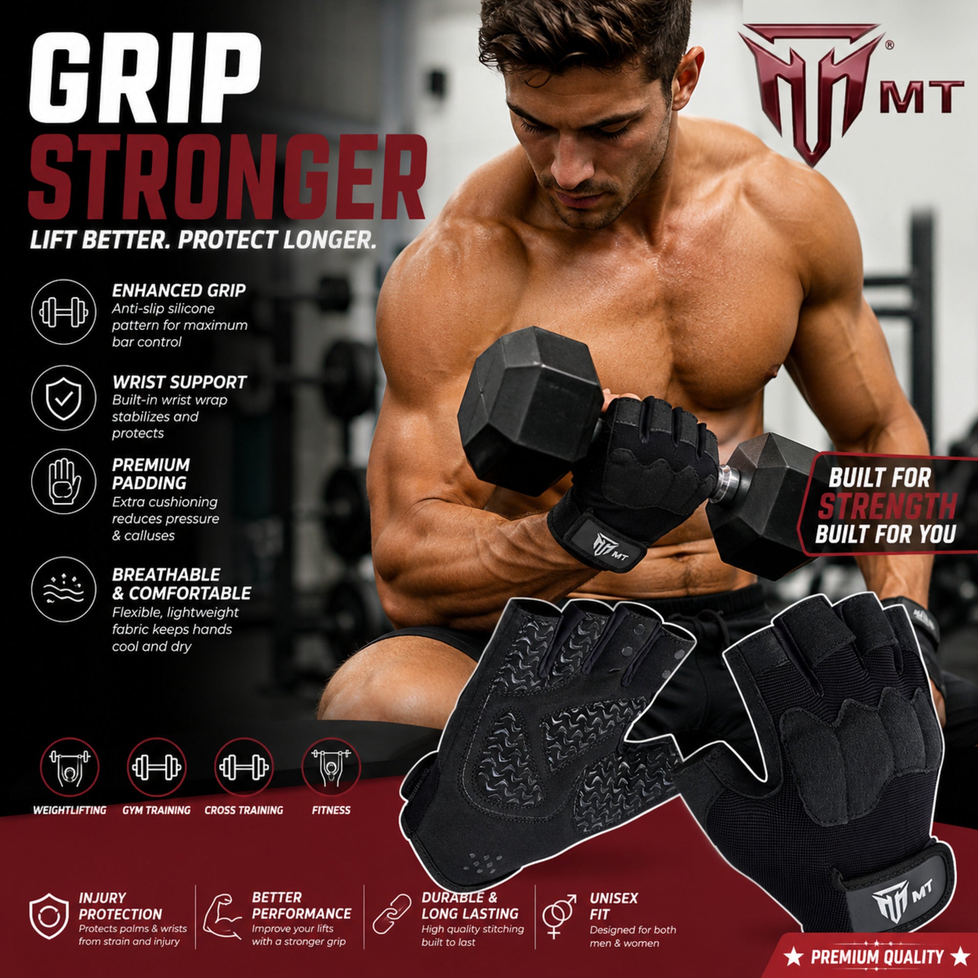 MT leather gym gloves, detail view 2