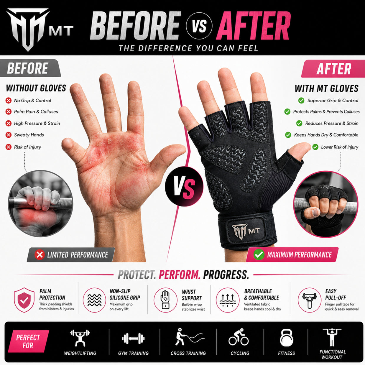 MT leather gym gloves, detail view 5