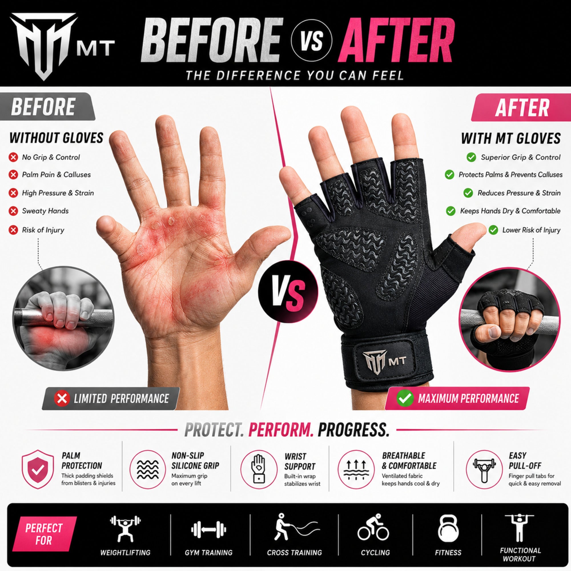 MT leather gym gloves, detail view 5