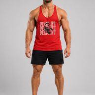MT red top tank for men and women, front view