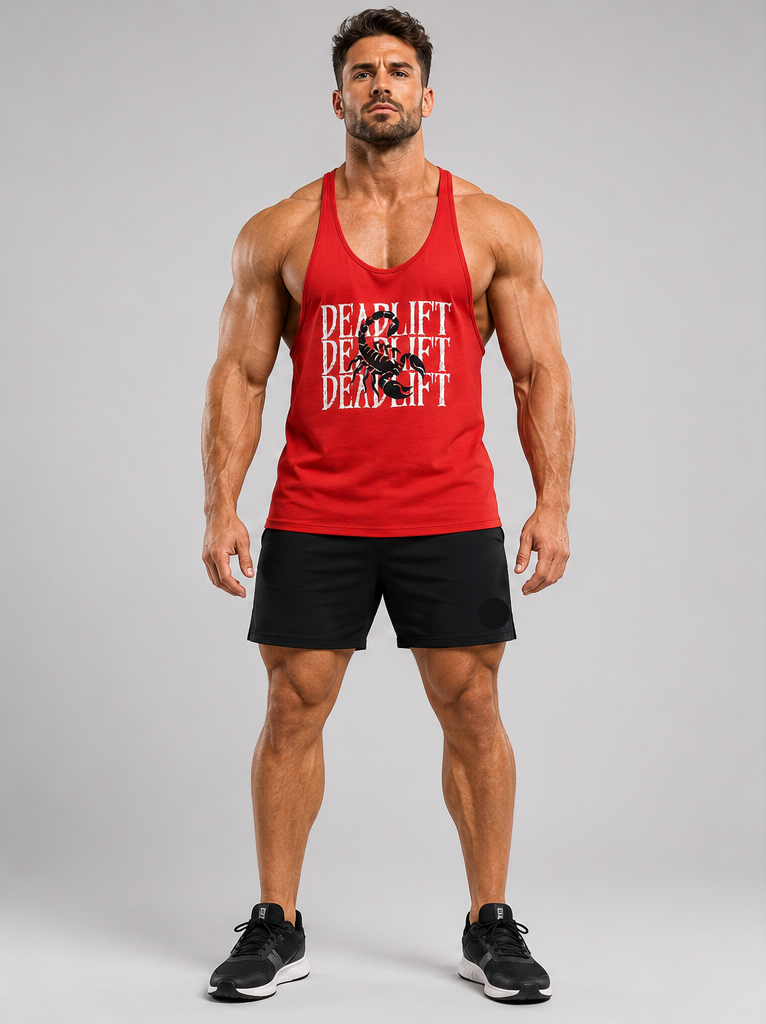 MT red top tank for men and women, front view