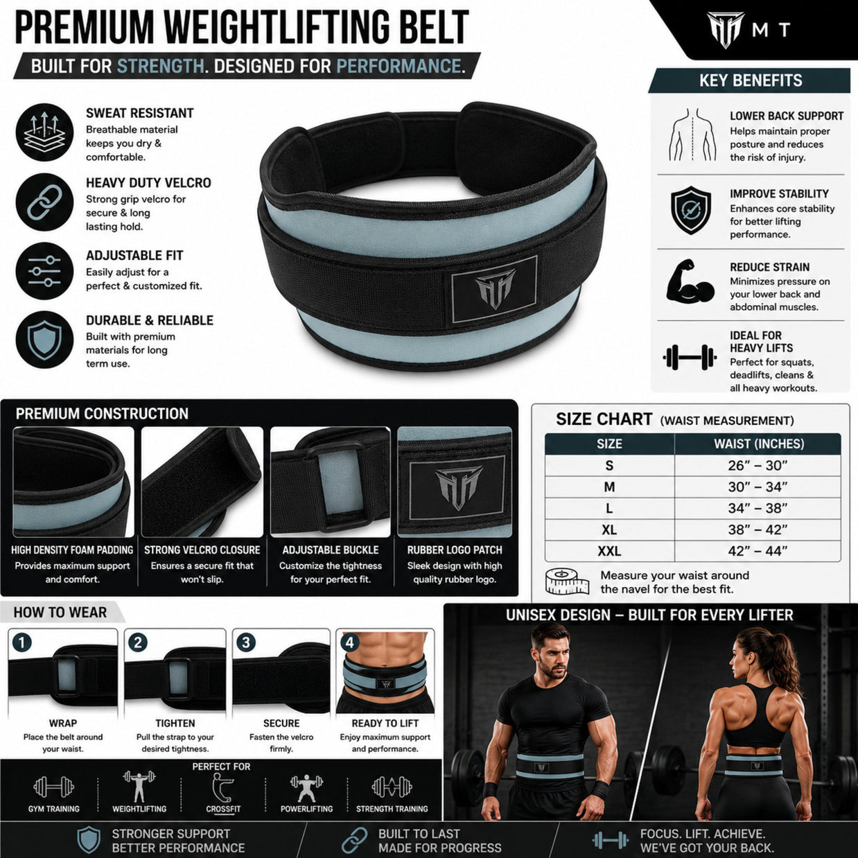 MT weightlifting padding belt in gray, infographic detail