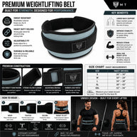 MT weightlifting padding belt in gray, infographic detail
