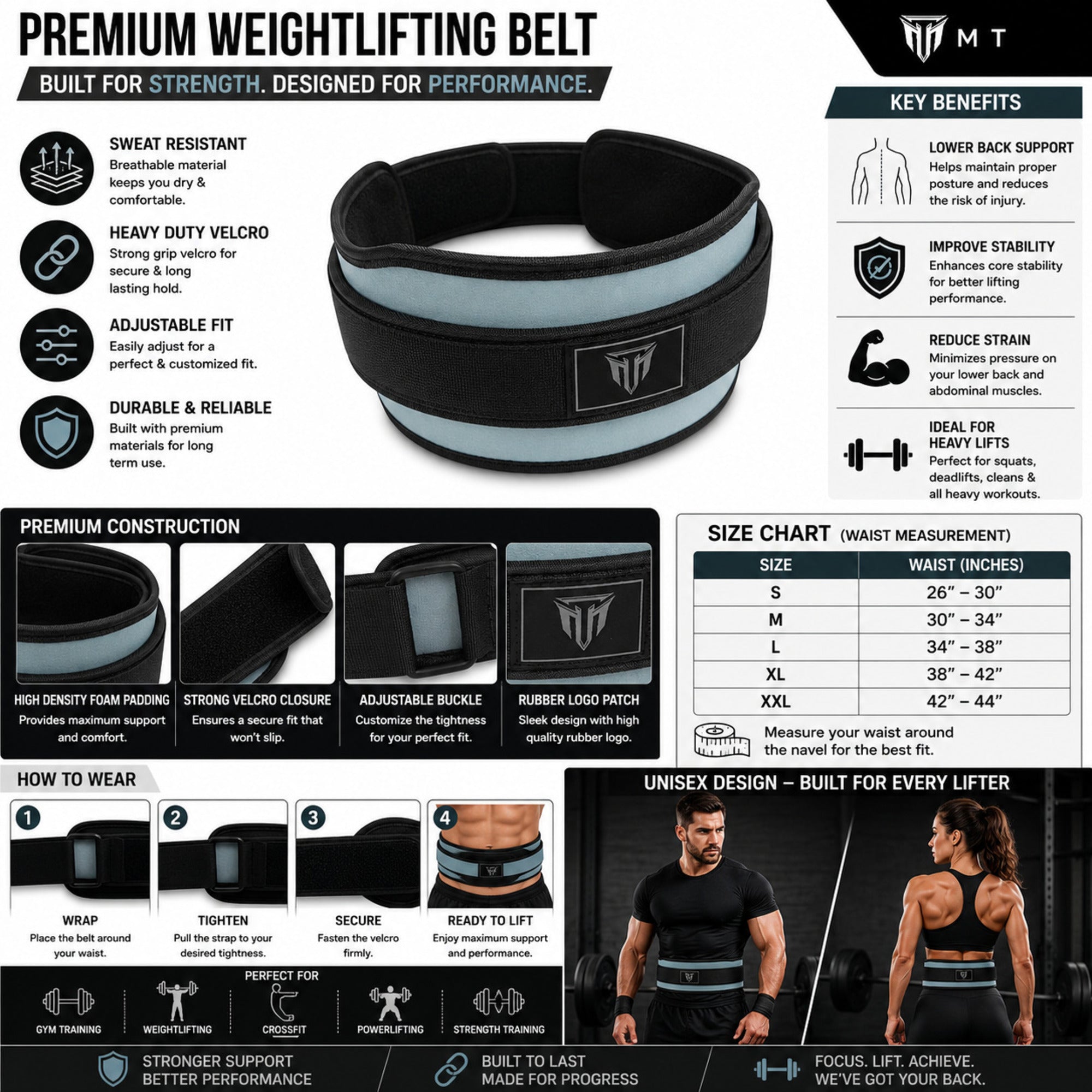 MT weightlifting padding belt in gray, infographic detail