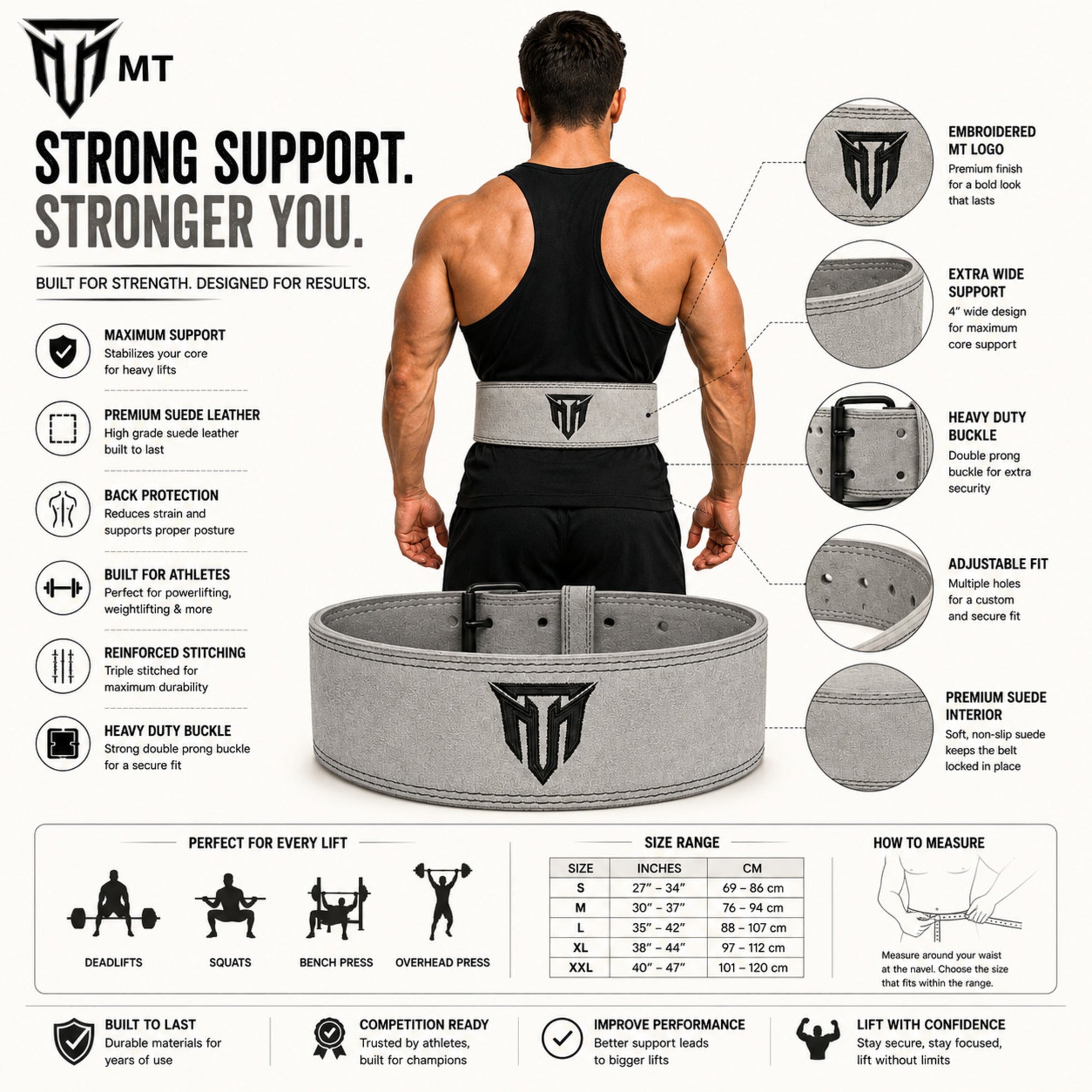 MT 10mm Powerlifting Leather Belt | Carbon Fiber Padded Back Support for Squats, Deadlifts & Gym