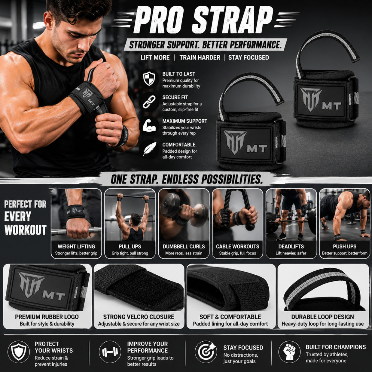 MT Pro weightlifting strap in gray, infographic detail