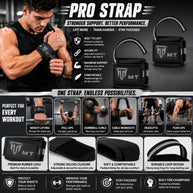 MT Pro weightlifting strap in gray, infographic detail