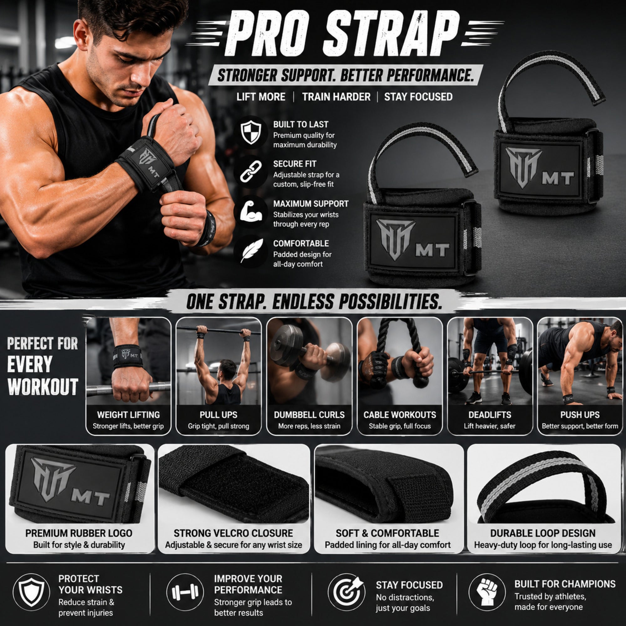 MT Pro weightlifting strap in gray, infographic detail