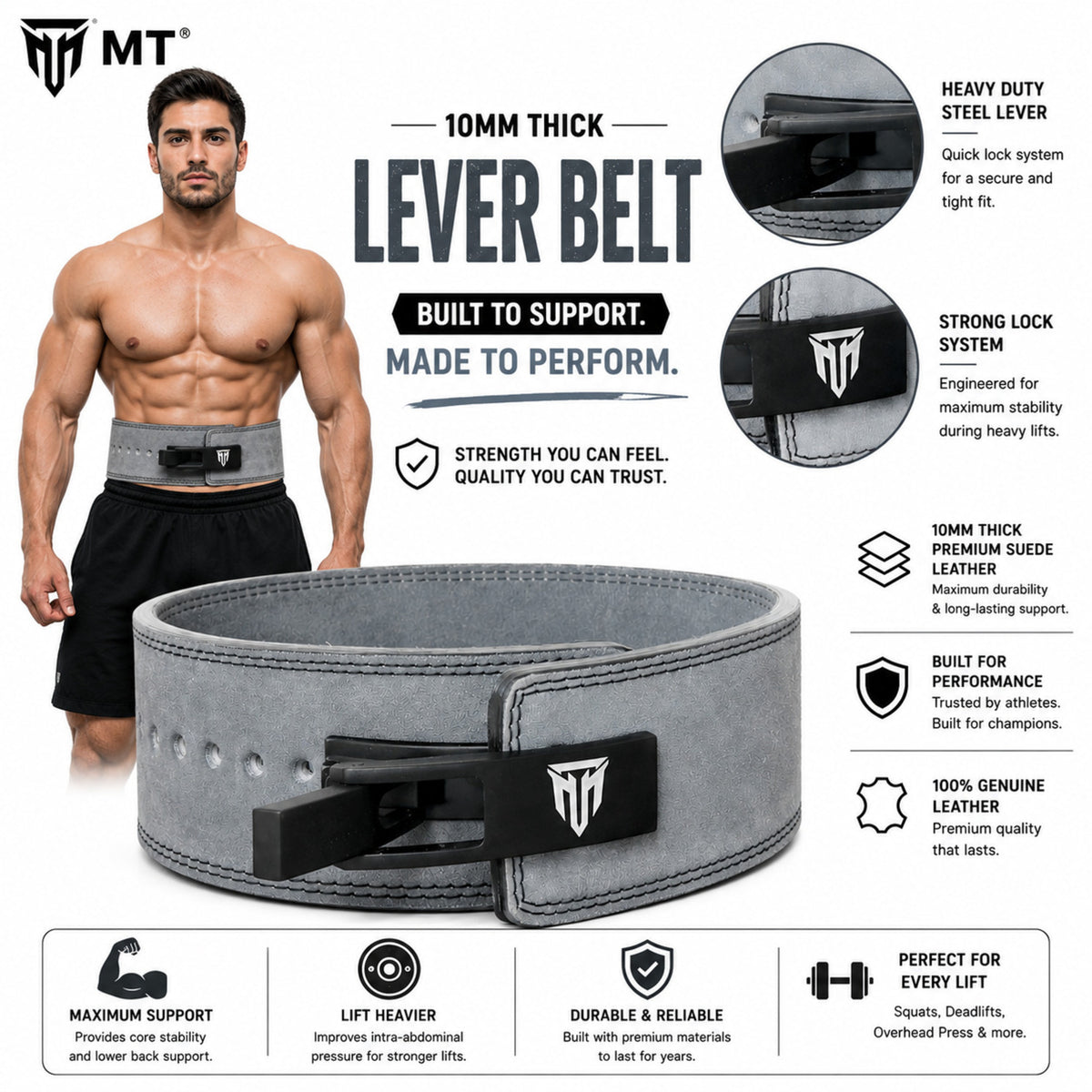 MT 10mm Genuine Leather Lever Belt | Premium Powerlifting & Weightlifting Gym Belt for Men & Women
