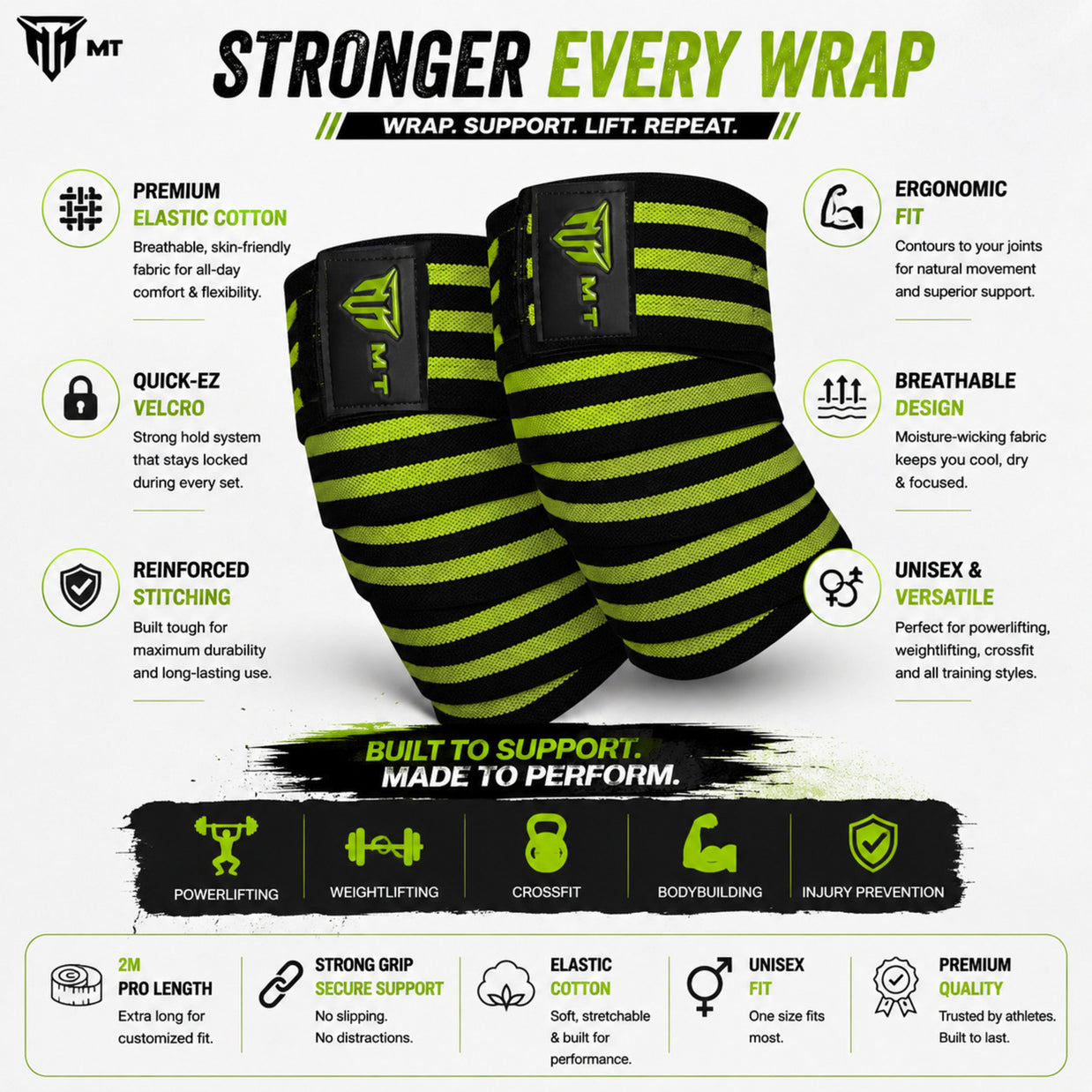 MT weight lifting knee wraps in green, infographic detail