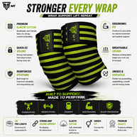 MT weight lifting knee wraps in green, infographic detail